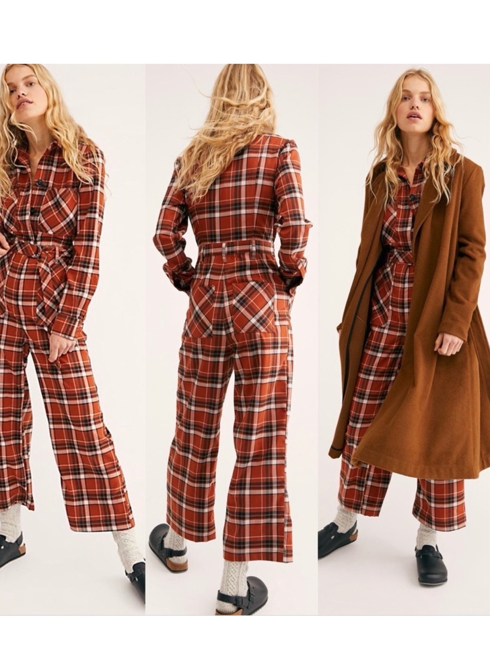 free people orange plaid jumpsuit sz 0